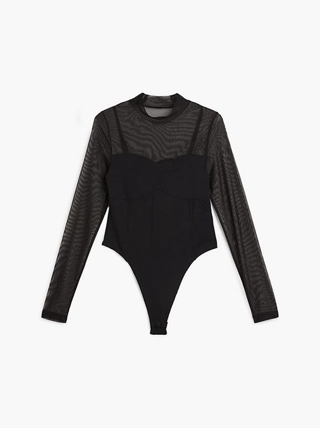 Black Calvin Klein Long Sleeve Mesh Women Bodysuit | VXMP-03741