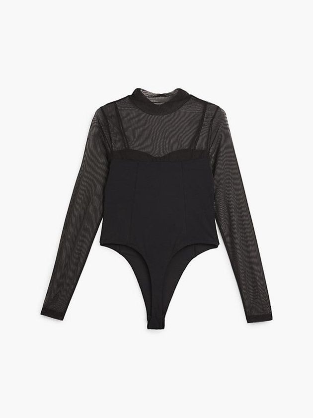 Black Calvin Klein Long Sleeve Mesh Women Bodysuit | VXMP-03741