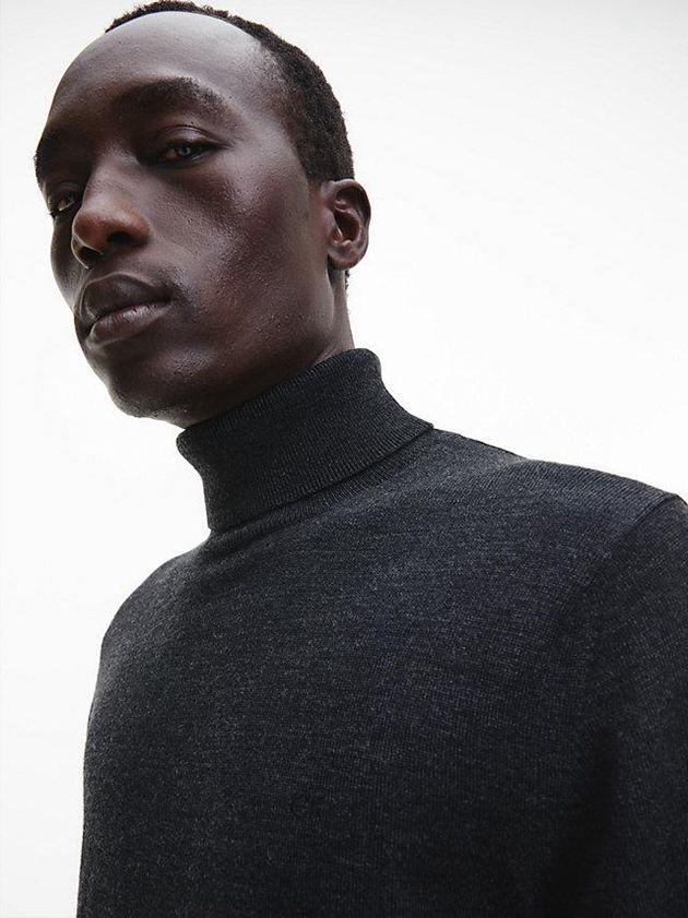 Black Calvin Klein Merino Wool Roll Neck Jumper Men Sweater | HATW-15896