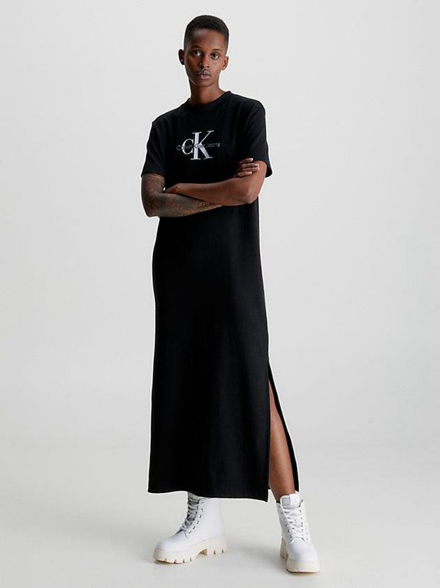 Black Calvin Klein Monogram Maxi T-Shirt Women Dress | DYAL-51068