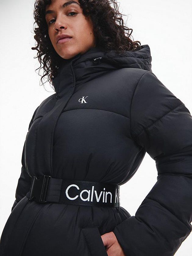 Black Calvin Klein Nylon Belted Puffer Women Coat | KCOS-34260