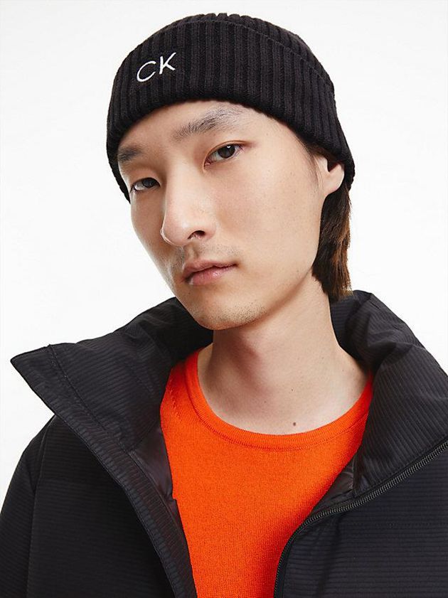 Black Calvin Klein Organic Cotton Blend Men Beanie | RHIK-96704