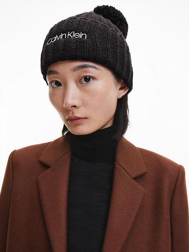 Black Calvin Klein Organic Cotton Blend Pom-Pom Women Beanie | XPMK-97528