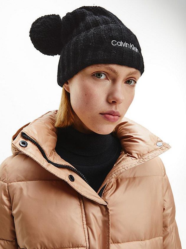 Black Calvin Klein Organic Cotton Blend Pom-Pom Women Beanie | XPMK-97528