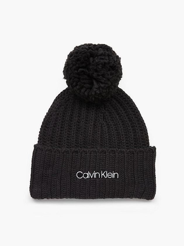 Black Calvin Klein Organic Cotton Blend Pom-Pom Women Beanie | XPMK-97528