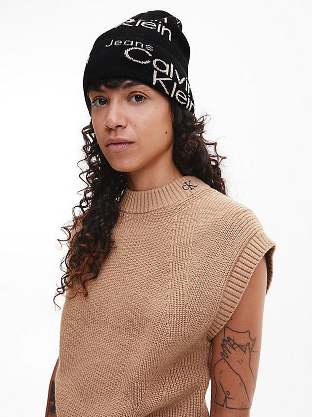 Black Calvin Klein Organic Cotton Logo Women Beanie | PCDK-45078