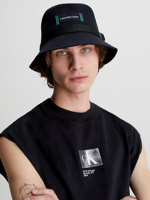 Black Calvin Klein Organic Cotton Packable Bucket Men Cap | LXPO-02763