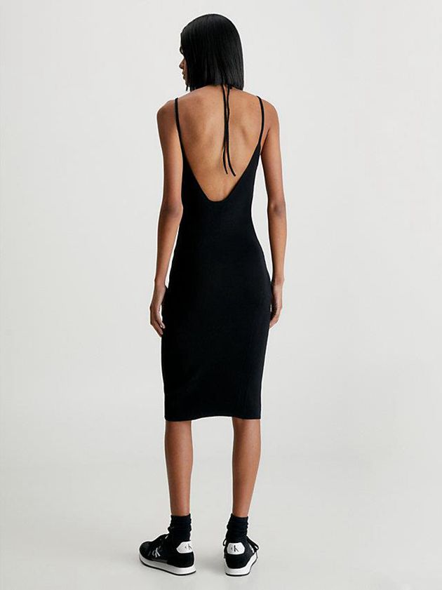Black Calvin Klein Organic Cotton Tie Neck Women Dress | VKAG-12035