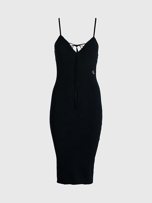 Black Calvin Klein Organic Cotton Tie Neck Women Dress | VKAG-12035