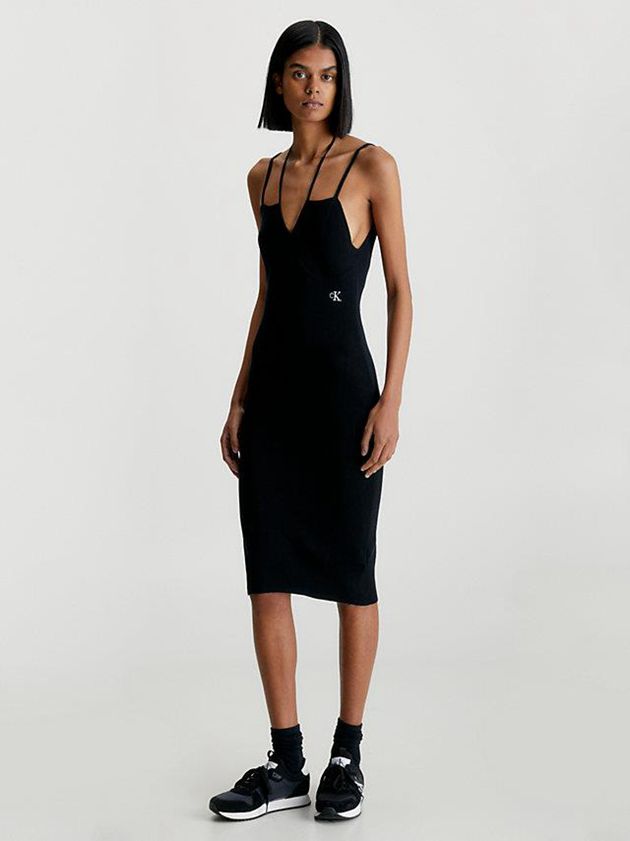 Black Calvin Klein Organic Cotton Tie Neck Women Dress | VKAG-12035