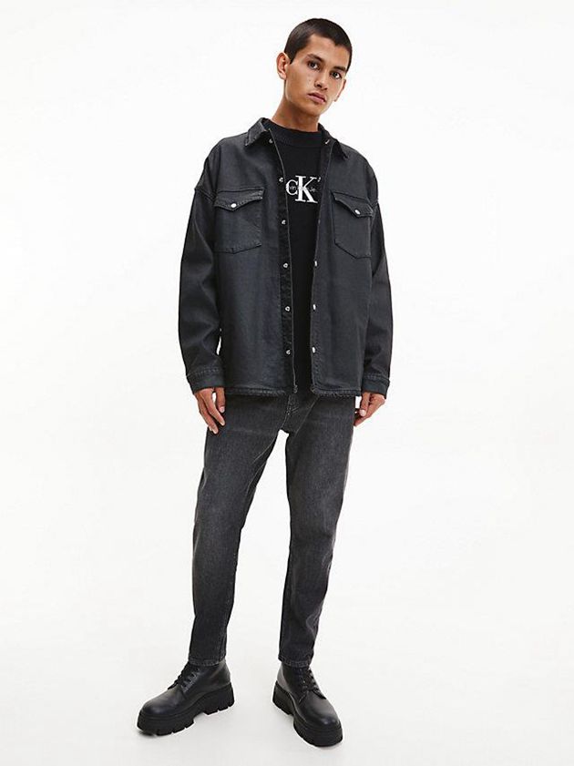 Black Calvin Klein Oversized Coated Denim Shirt Men Jacket | QHZO-68752