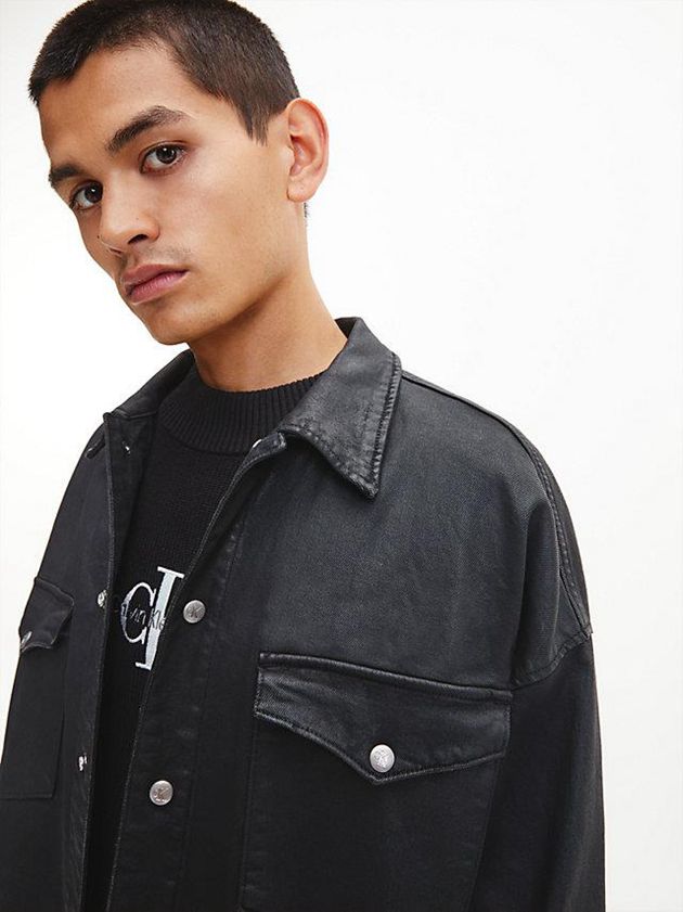 Black Calvin Klein Oversized Coated Denim Shirt Men Jacket | QHZO-68752