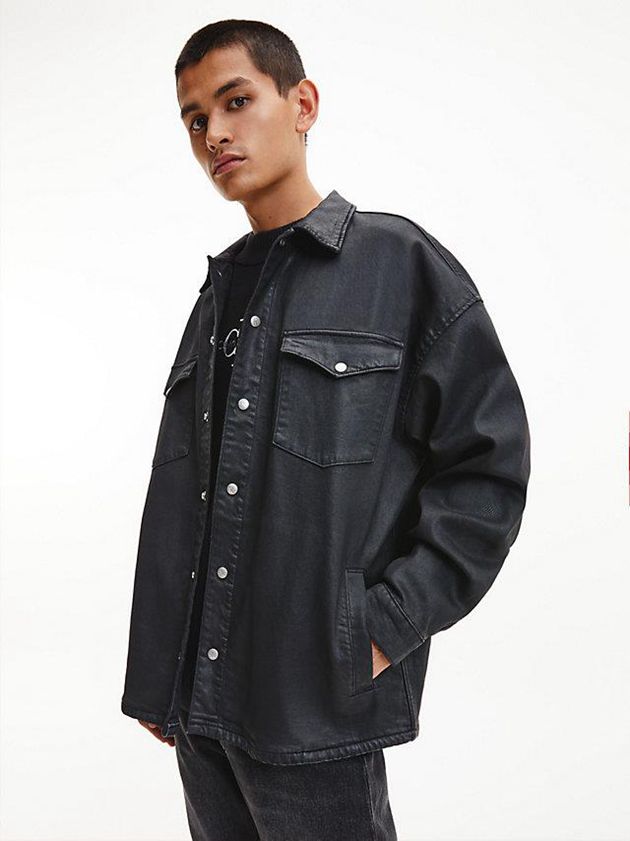 Black Calvin Klein Oversized Coated Denim Shirt Men Jacket | QHZO-68752
