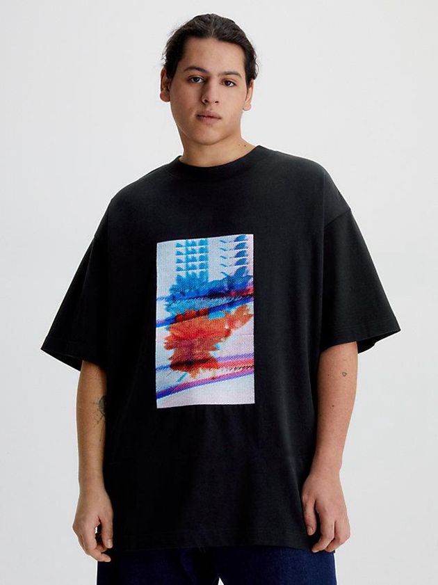 Black Calvin Klein Oversized Embroidered Men T-Shirt | NXQM-69315