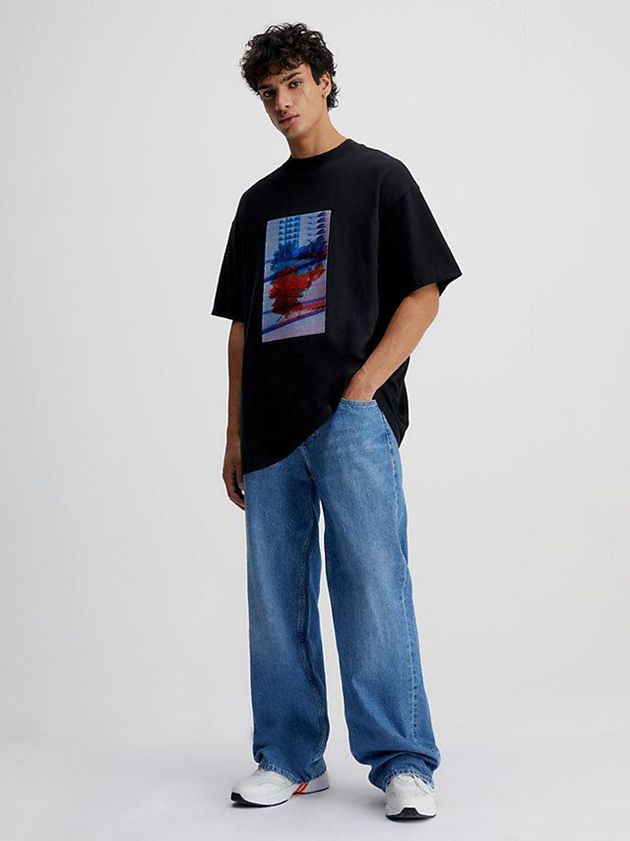 Black Calvin Klein Oversized Embroidered Men T-Shirt | NXQM-69315