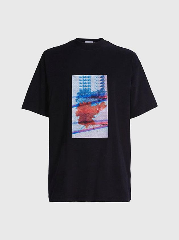 Black Calvin Klein Oversized Embroidered Men T-Shirt | NXQM-69315