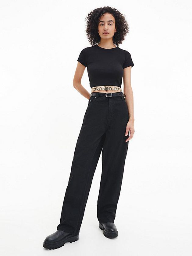 Black Calvin Klein Recycled Cotton Logo Tape Women T-Shirt | RPCG-93514
