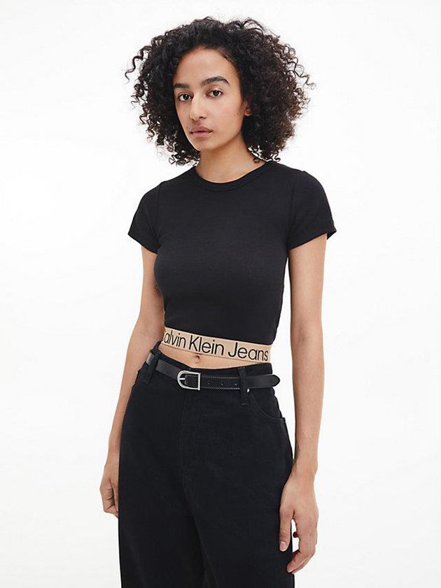 Black Calvin Klein Recycled Cotton Logo Tape Women T-Shirt | RPCG-93514
