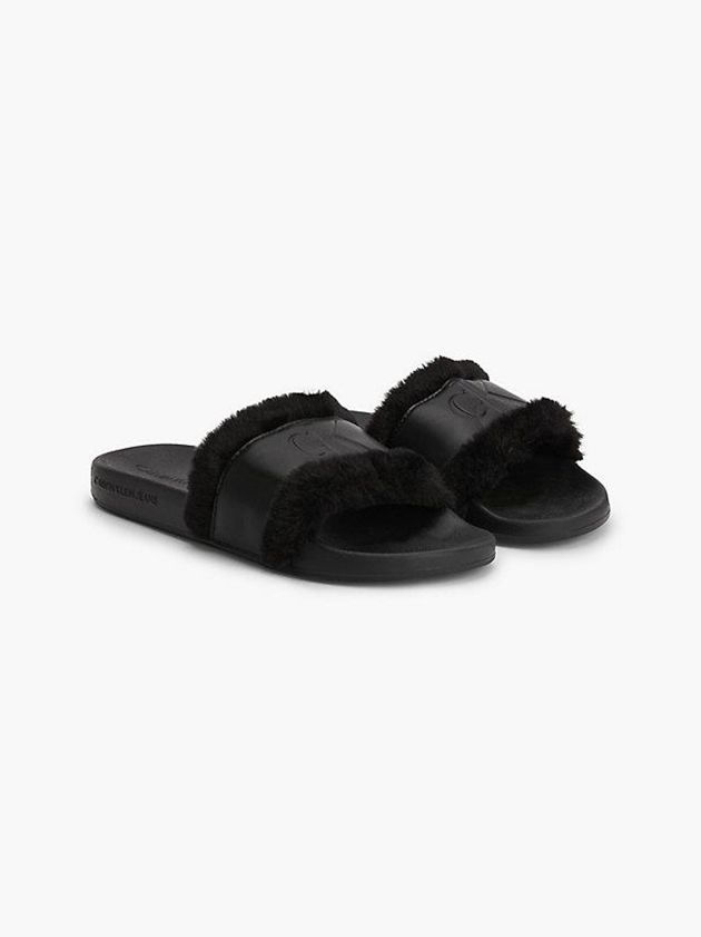 Black Calvin Klein Recycled Faux Fur Sliders Women Slippers | ASCK-39756