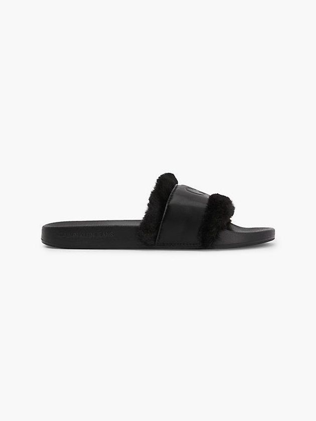 Black Calvin Klein Recycled Faux Fur Sliders Women Slippers | ASCK-39756