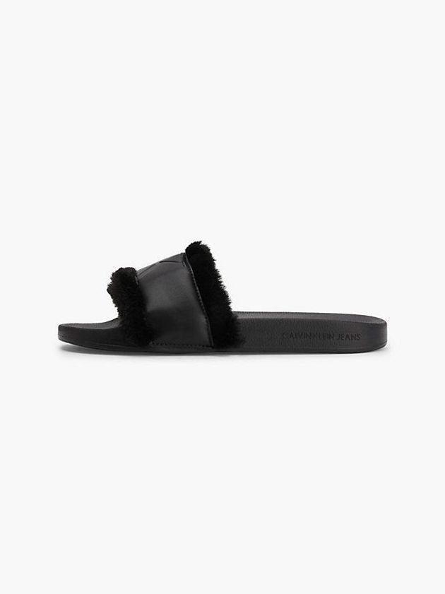 Black Calvin Klein Recycled Faux Fur Sliders Women Slippers | ASCK-39756