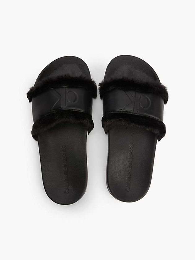 Black Calvin Klein Recycled Faux Fur Sliders Women Slippers | ASCK-39756