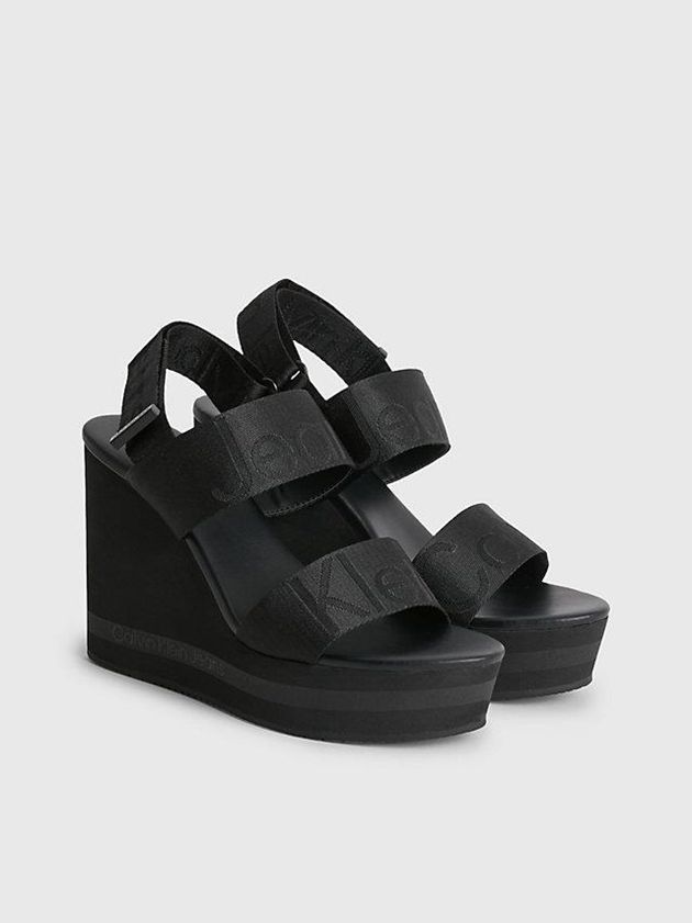 Black Calvin Klein Recycled Logo Jacquard Wedge Women Sandals | DUHE-58127