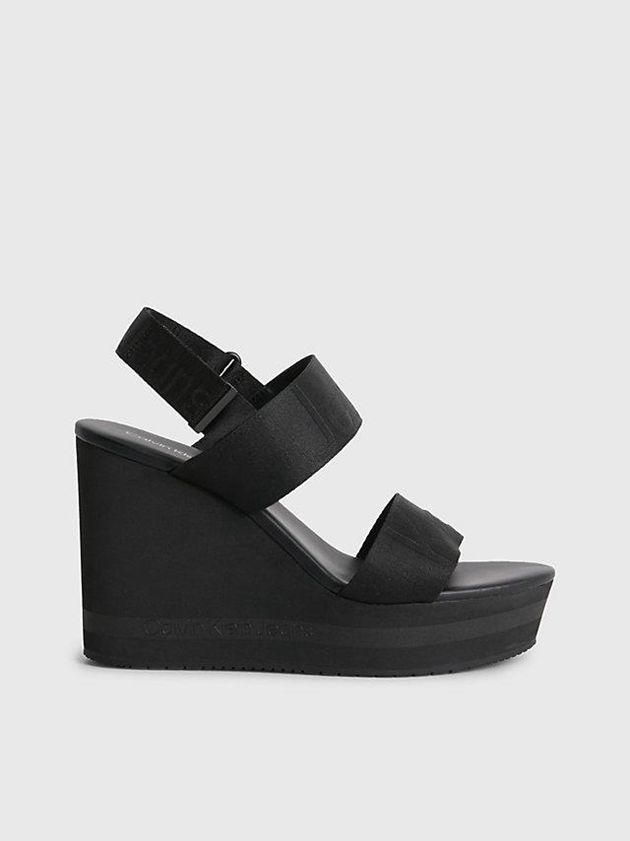 Black Calvin Klein Recycled Logo Jacquard Wedge Women Sandals | DUHE-58127