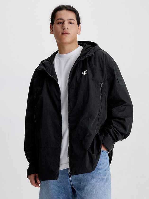Black Calvin Klein Recycled Nylon Hooded Windbreaker Men Jacket | KEDU-65179