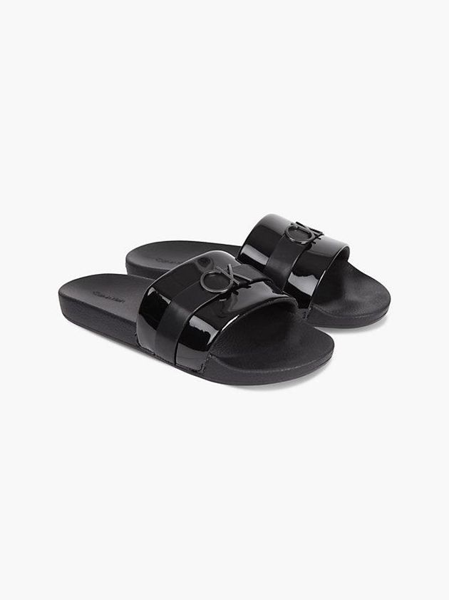 Black Calvin Klein Recycled Patent Logo Sliders Women Slippers | TFPR-21805
