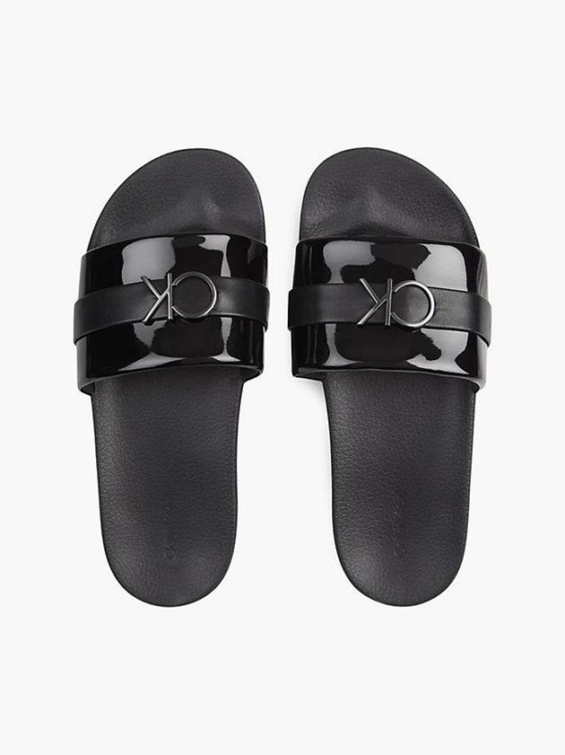 Black Calvin Klein Recycled Patent Logo Sliders Women Slippers | TFPR-21805