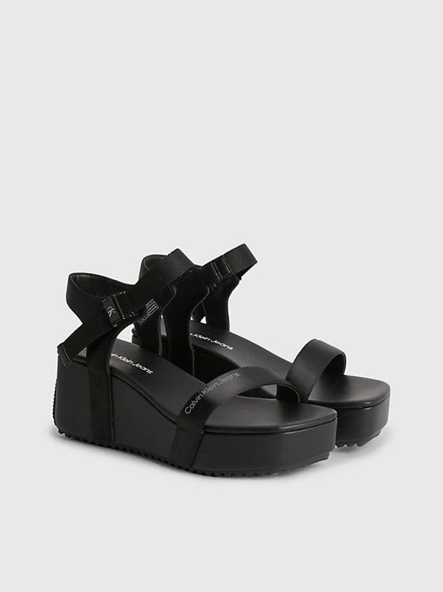 Black Calvin Klein Recycled Satin Platform Wedge Women Sandals | BWXH-40293