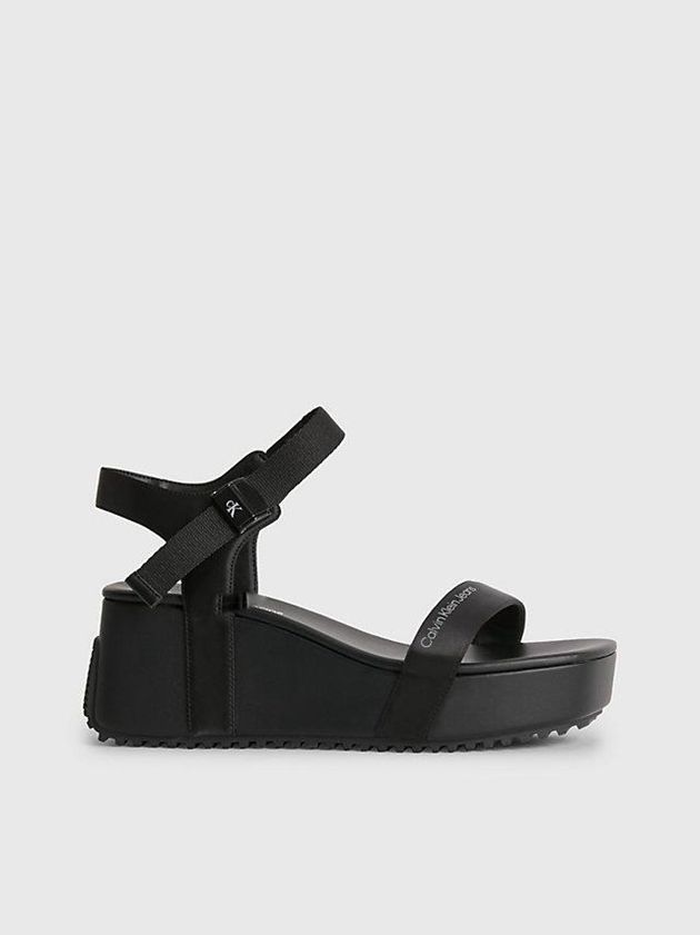 Black Calvin Klein Recycled Satin Platform Wedge Women Sandals | BWXH-40293
