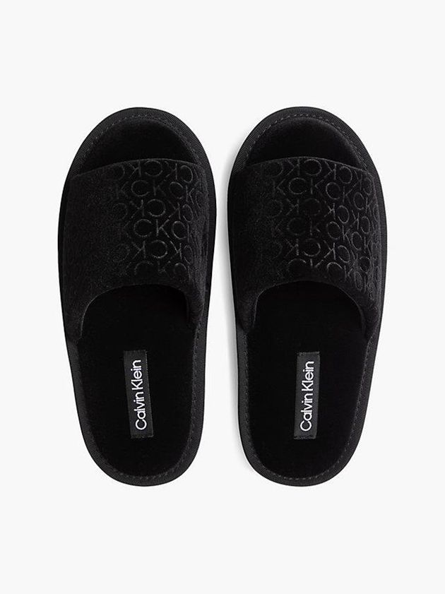 Black Calvin Klein Recycled Velvet Logo Women Slippers | ZGCX-03562