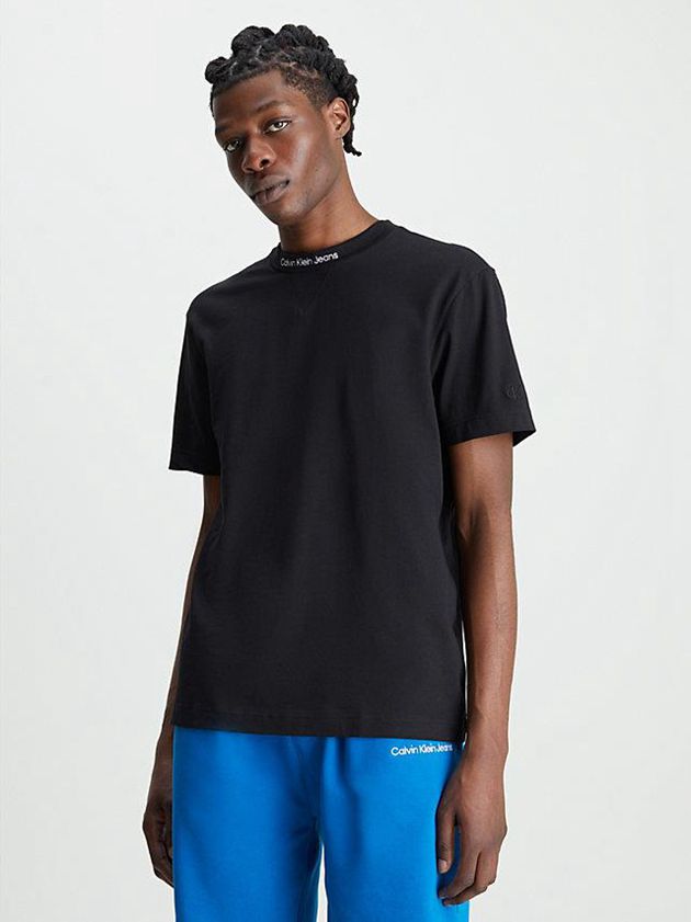 Black Calvin Klein Relaxed Collar Logo Men T-Shirt | QRHY-12756