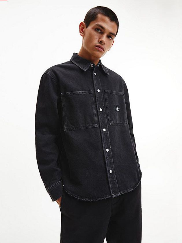 Black Calvin Klein Relaxed Denim Men Shirts | VWDJ-09263