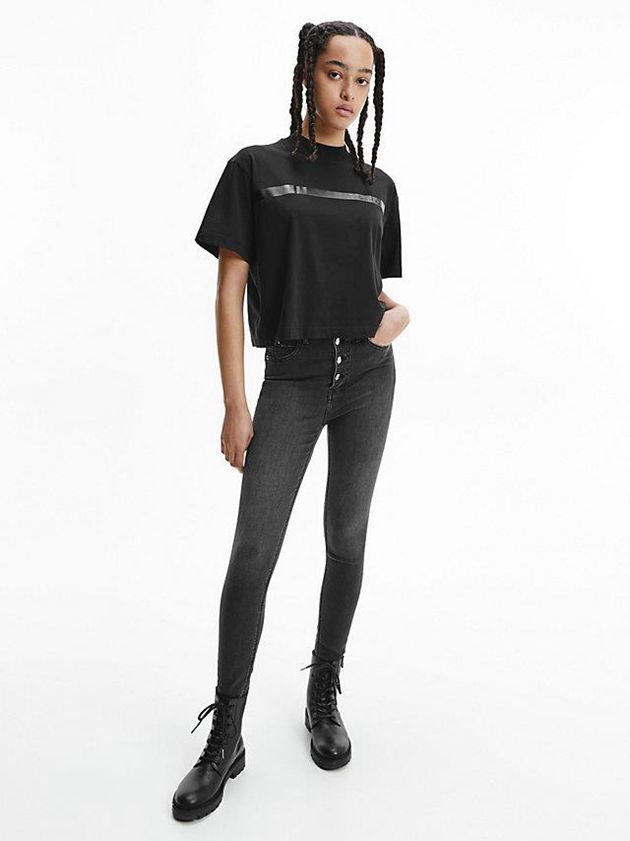 Black Calvin Klein Relaxed Embossed Logo Women T-Shirt | FKBI-05234