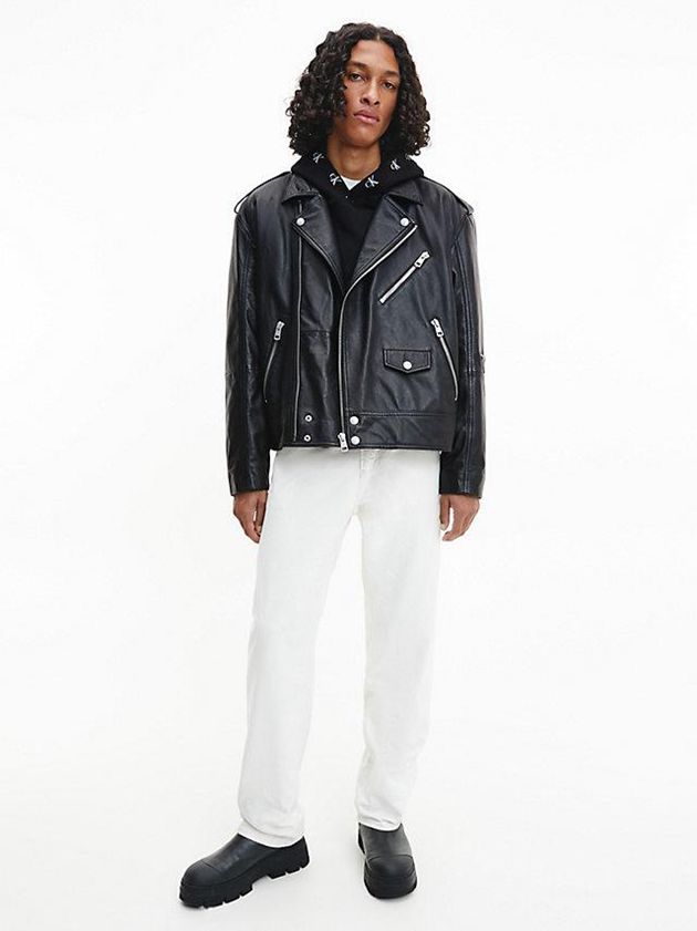 Black Calvin Klein Relaxed Leather Biker Men Jacket | NEVB-48179