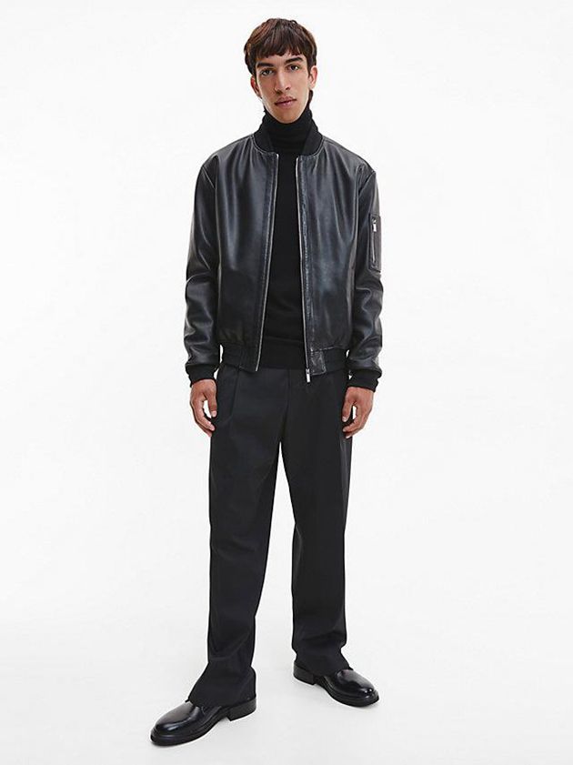 Black Calvin Klein Relaxed Leather Bomber Men Jacket | EGMA-28457