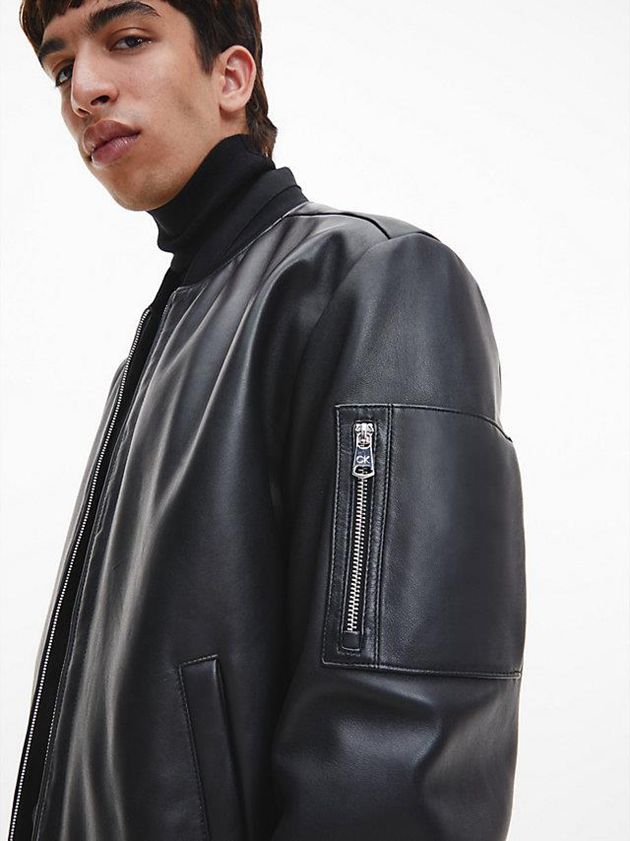 Black Calvin Klein Relaxed Leather Bomber Men Jacket | EGMA-28457