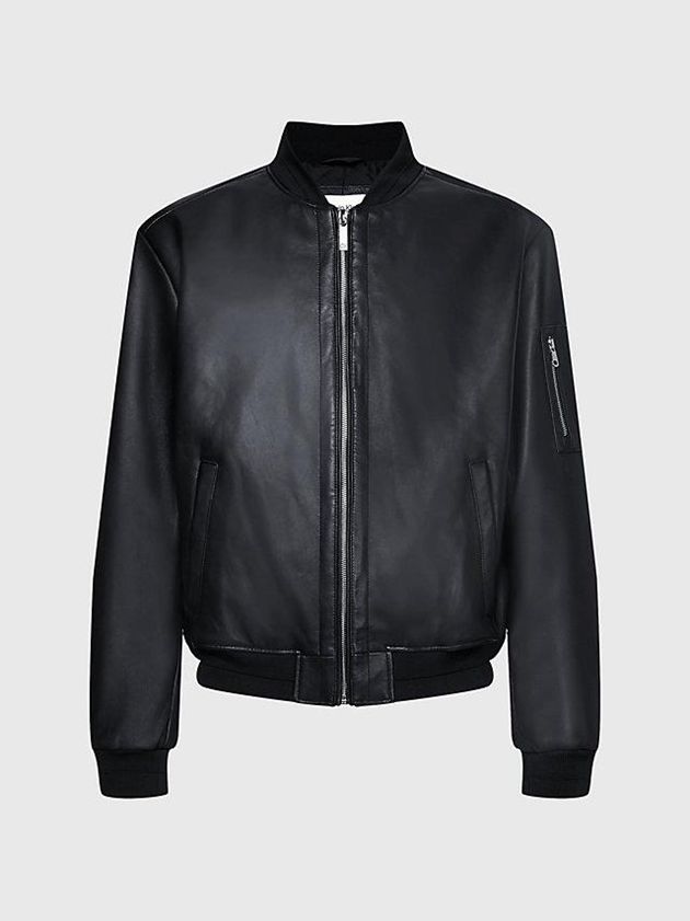 Black Calvin Klein Relaxed Leather Bomber Men Jacket | EGMA-28457