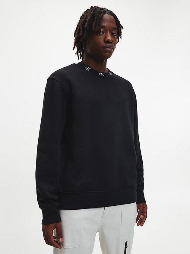 Black Calvin Klein Relaxed Logo Collar Men Sweatshirt | IPAU-38467
