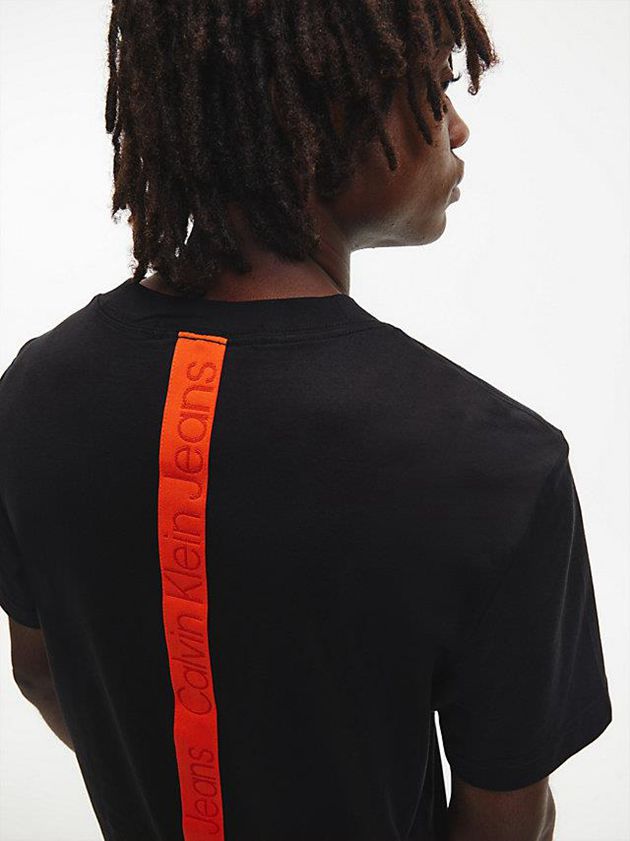 Black Calvin Klein Relaxed Logo Tape Men T-Shirt | WTZC-23971