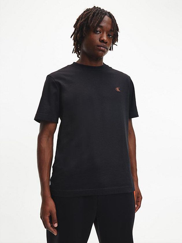 Black Calvin Klein Relaxed Logo Tape Men T-Shirt | WTZC-23971