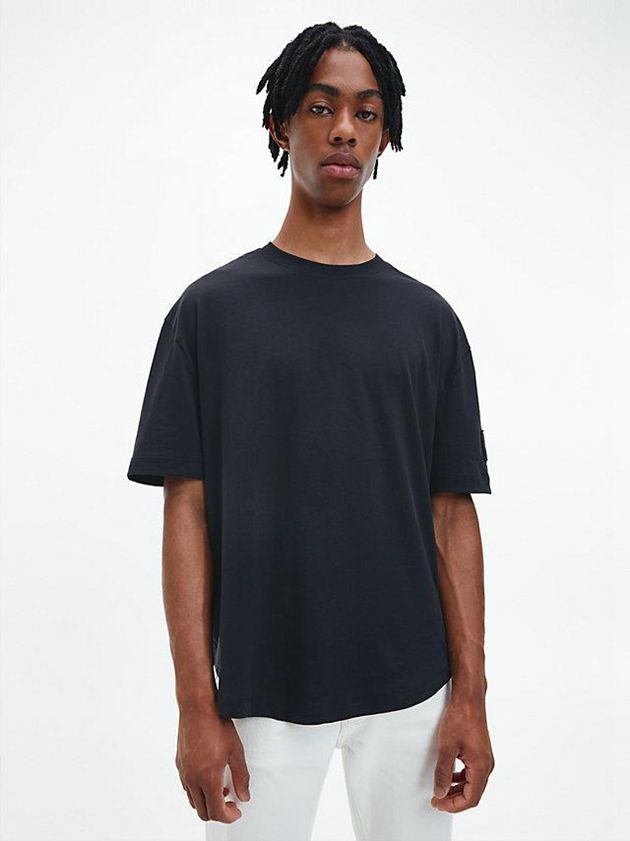 Black Calvin Klein Relaxed Monogram Badge Men T-Shirt | XHWP-03621