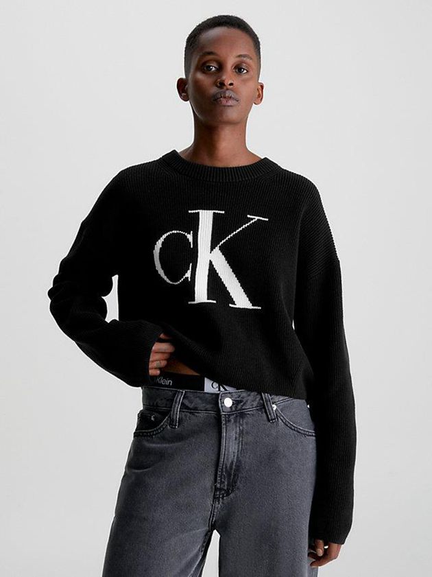 Black Calvin Klein Relaxed Organic Cotton Logo Jumper Women Sweater | QITK-76935