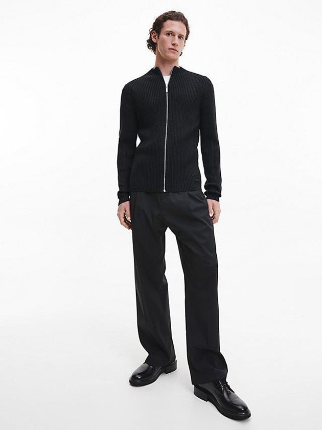 Black Calvin Klein Relaxed Ribbed Zip Up Jumper Men Sweater | LSMI-14285