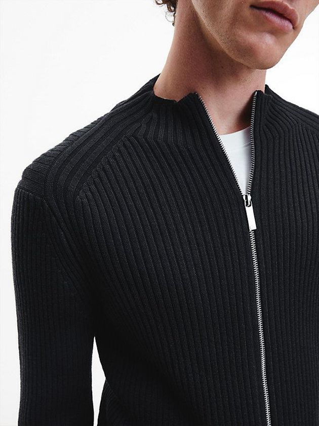 Black Calvin Klein Relaxed Ribbed Zip Up Jumper Men Sweater | LSMI-14285