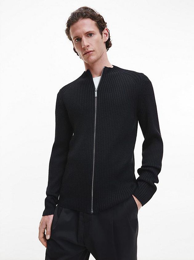 Black Calvin Klein Relaxed Ribbed Zip Up Jumper Men Sweater | LSMI-14285
