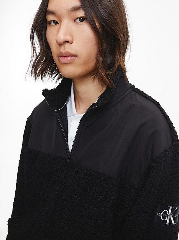 Black Calvin Klein Relaxed Sherpa Zip Neck Jumper Men Sweater | PSOB-24351